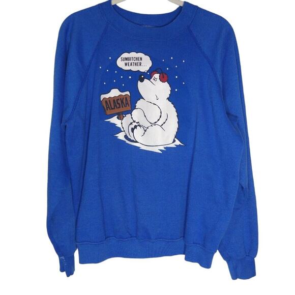 VTG 80s Alaska “Sumbitchen Weather” Sweatshirt XL Blue Polar Bear Single Stitch - Picture 2 of 10